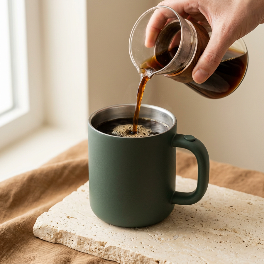 Pour coffee into a sage mug
